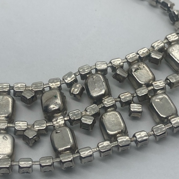 Vtg Rhinestone Double Row Silver Tone Metal Bib Necklace w Hook Clasp / 11” - Picture 6 of 10